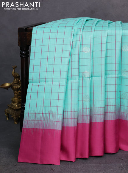 Teal Green & Pink Pure Soft Silk Saree - Checks