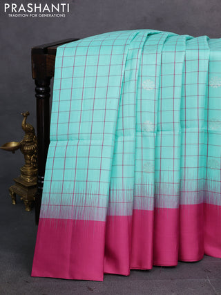 Teal Green & Pink Pure Soft Silk Saree - Checks