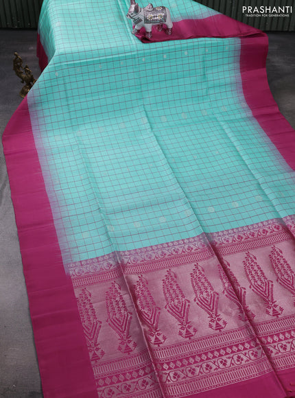 Teal Green & Pink Pure Soft Silk Saree - Checks