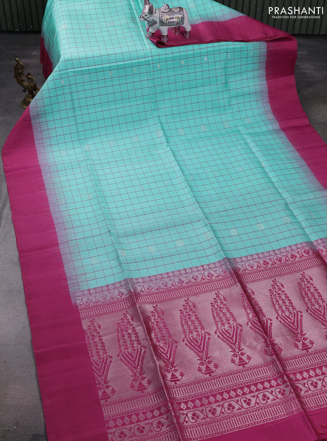 Teal Green & Pink Pure Soft Silk Saree - Checks