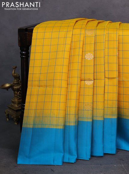 Yellow & Cs Blue Pure Soft Silk Saree - Checks