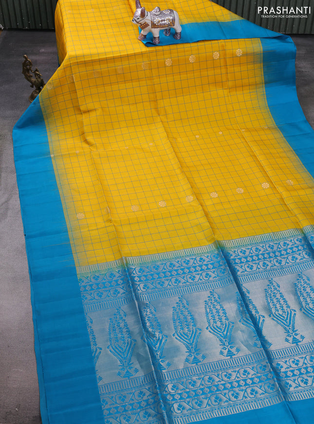 Yellow & Cs Blue Pure Soft Silk Saree - Checks