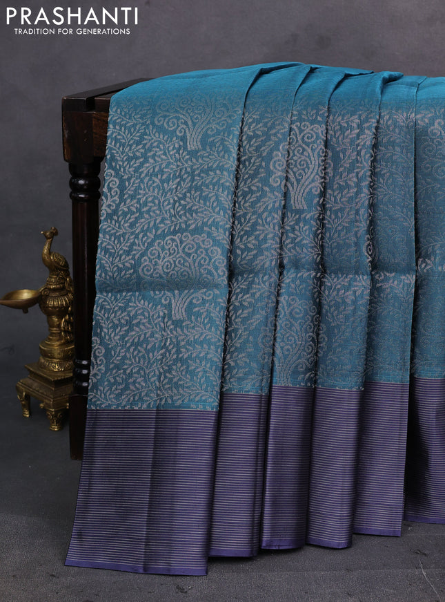 Peacock Green & Grey Pure Soft Silk Saree - Brocade
