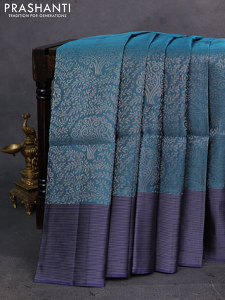 Peacock Green & Grey Pure Soft Silk Saree - Brocade