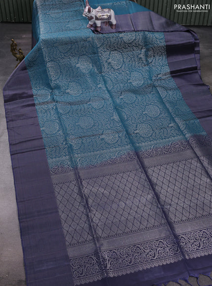 Peacock Green & Grey Pure Soft Silk Saree - Brocade