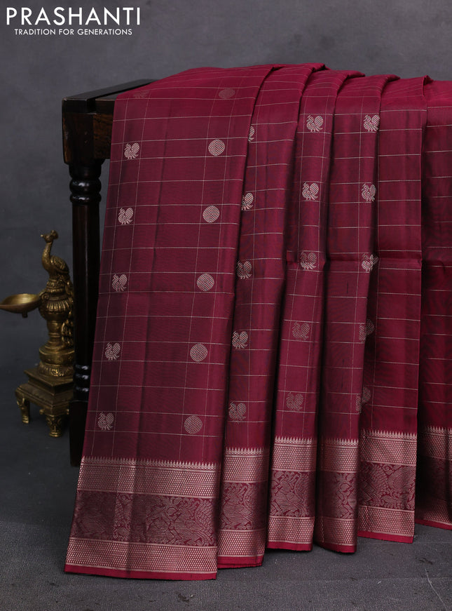 Maroon Pure Soft Silk Saree - Checks