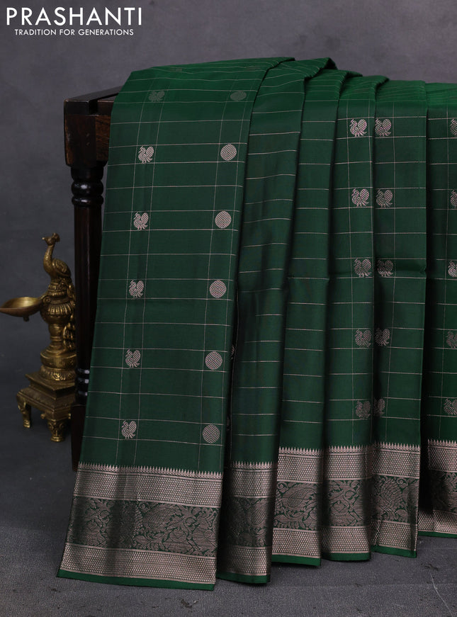 Bottle Green Pure Soft Silk Saree - Checks