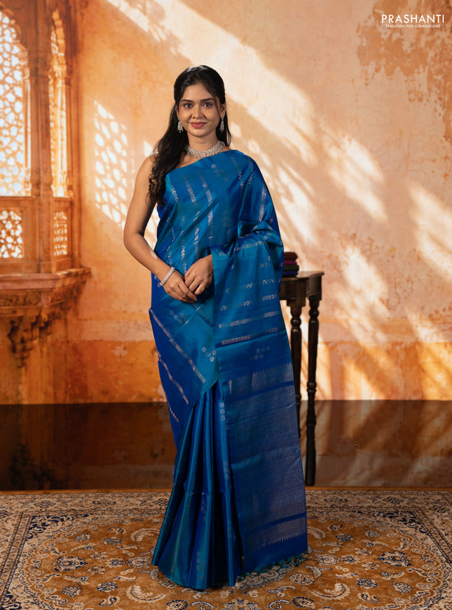 Peacock Blue Pure Soft Silk Saree - Weaves