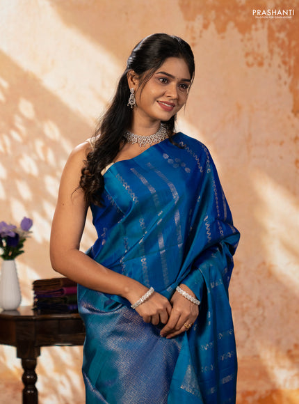 Peacock Blue Pure Soft Silk Saree - Weaves