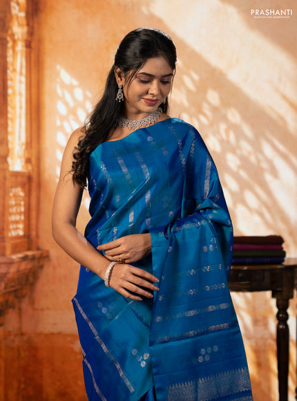 Peacock Blue Pure Soft Silk Saree - Weaves
