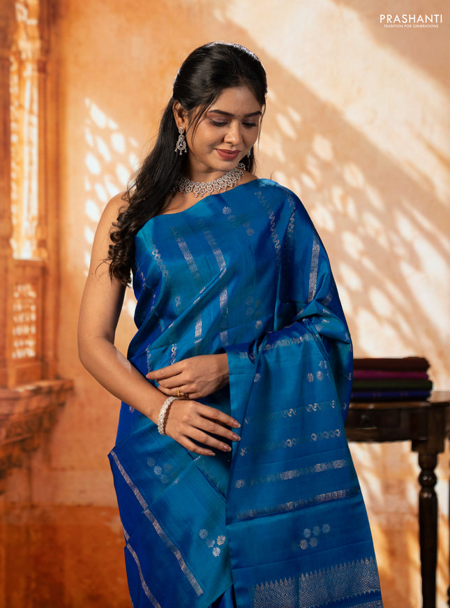 Peacock Blue Pure Soft Silk Saree - Weaves