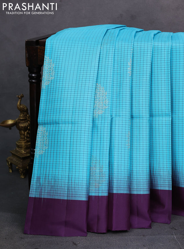 Cs Blue & Purple Pure Soft Silk Saree - Checks