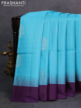 Cs Blue & Purple Pure Soft Silk Saree - Checks