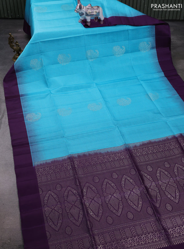 Cs Blue & Purple Pure Soft Silk Saree - Checks
