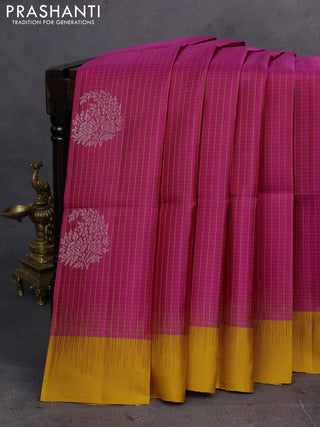 Pink & Mustard Yellow Pure Soft Silk Saree - Checks