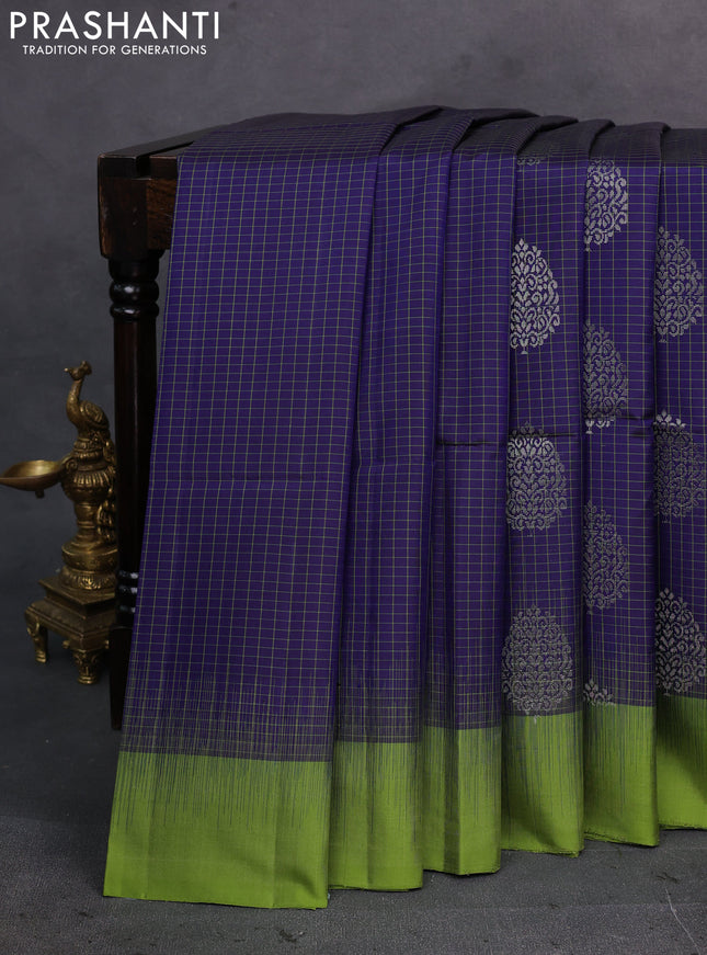 Navy Blue & Sap Green Pure Soft Silk Saree - Checks