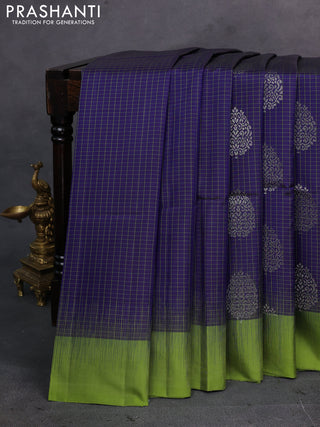 Navy Blue & Sap Green Pure Soft Silk Saree - Checks