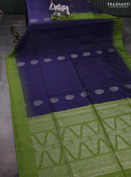 Navy Blue & Sap Green Pure Soft Silk Saree - Checks