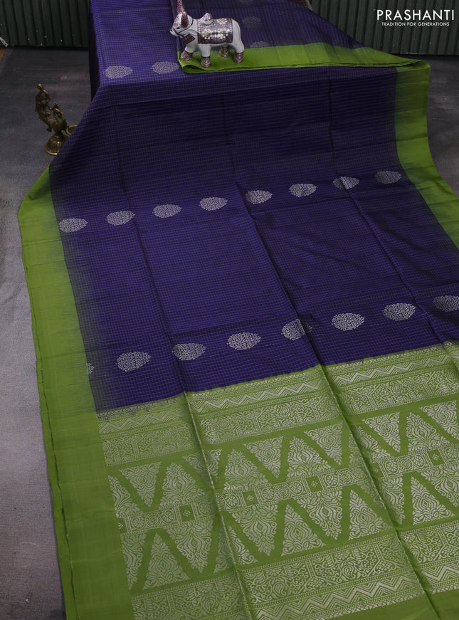 Navy Blue & Sap Green Pure Soft Silk Saree - Checks