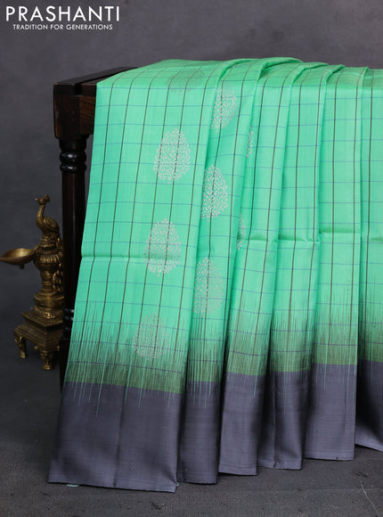 Teal Green & Grey Pure Soft Silk Saree - Checks