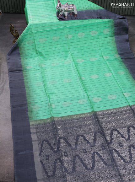 Teal Green & Grey Pure Soft Silk Saree - Checks