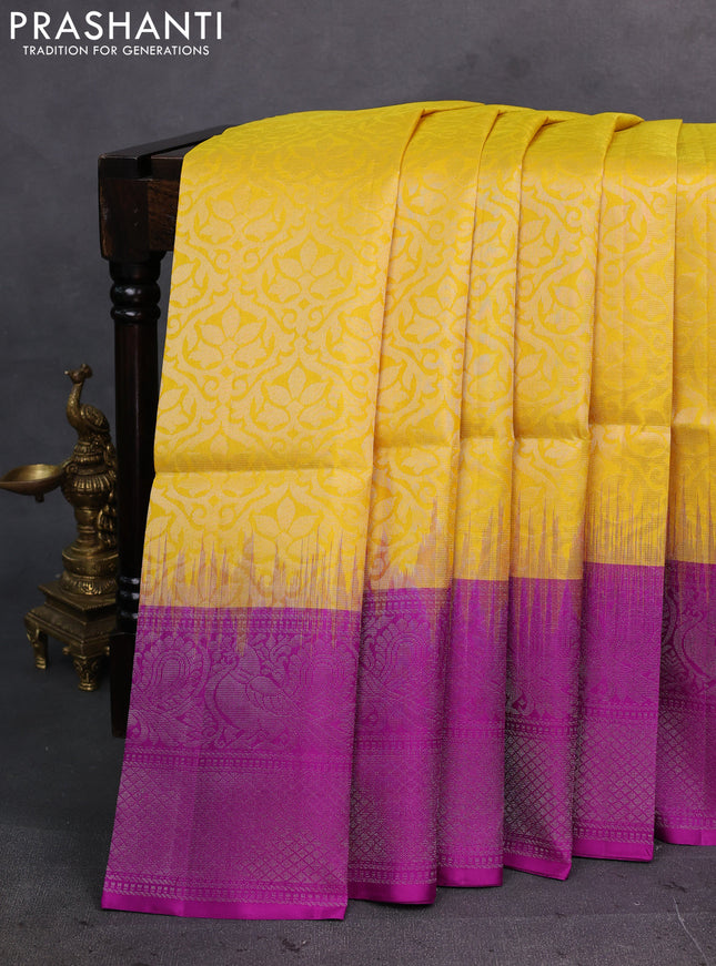 Yellow & Purple Pure Soft Silk Saree - Brocade