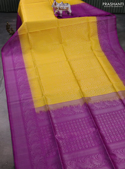 Yellow & Purple Pure Soft Silk Saree - Brocade