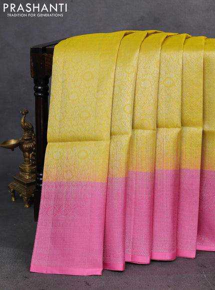 Yellow & Pink Pure Soft Silk Saree - Brocade