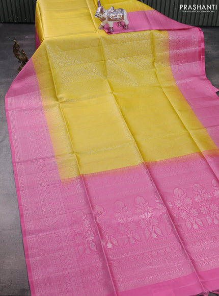 Yellow & Pink Pure Soft Silk Saree - Brocade