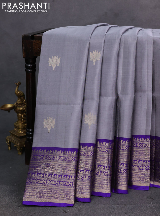Grey & Blue Pure Soft Silk Saree - Buttas