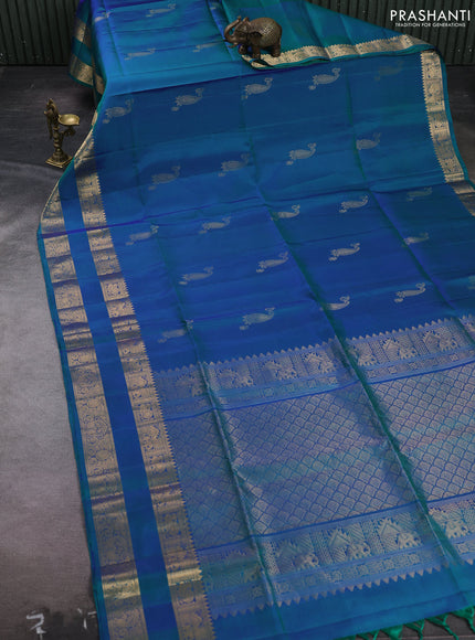 Peacock Blue Pure Soft Silk Saree - Buttas