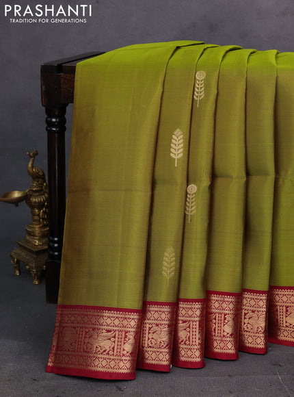 Lime Green & Maroon Pure Soft Silk Saree - Buttas