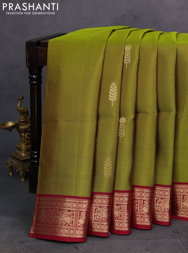 Lime Green & Maroon Pure Soft Silk Saree - Buttas