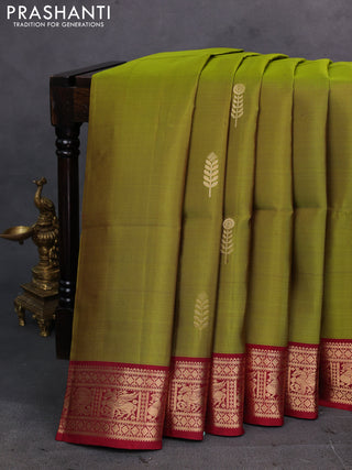 Lime Green & Maroon Pure Soft Silk Saree - Buttas