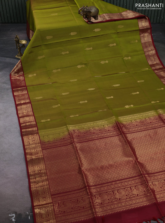 Lime Green & Maroon Pure Soft Silk Saree - Buttas