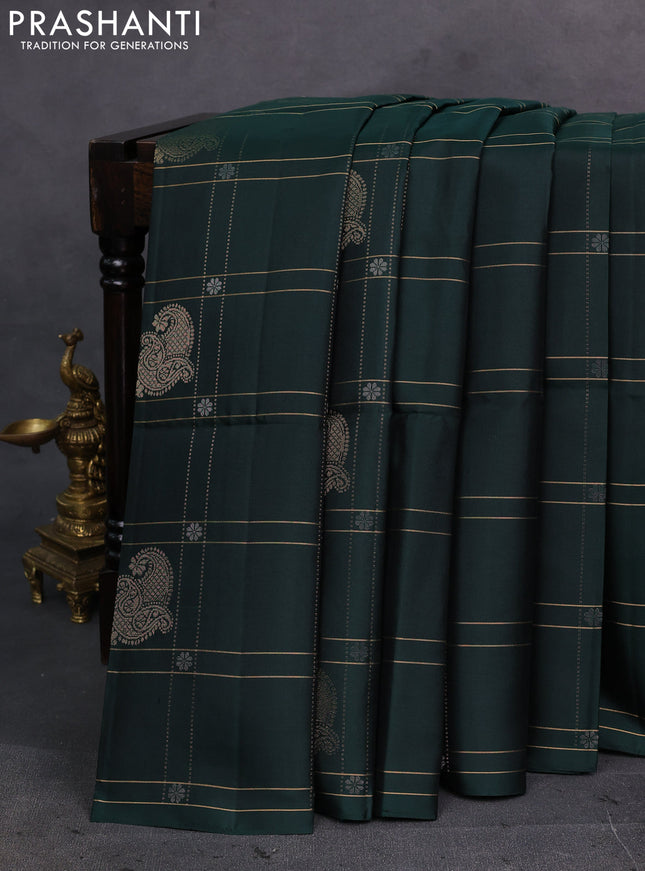 Bottle Green Pure Soft Silk Saree - Checks & Buttas