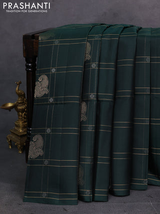 Bottle Green Pure Soft Silk Saree - Checks & Buttas