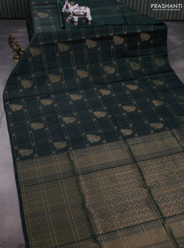 Bottle Green Pure Soft Silk Saree - Checks & Buttas