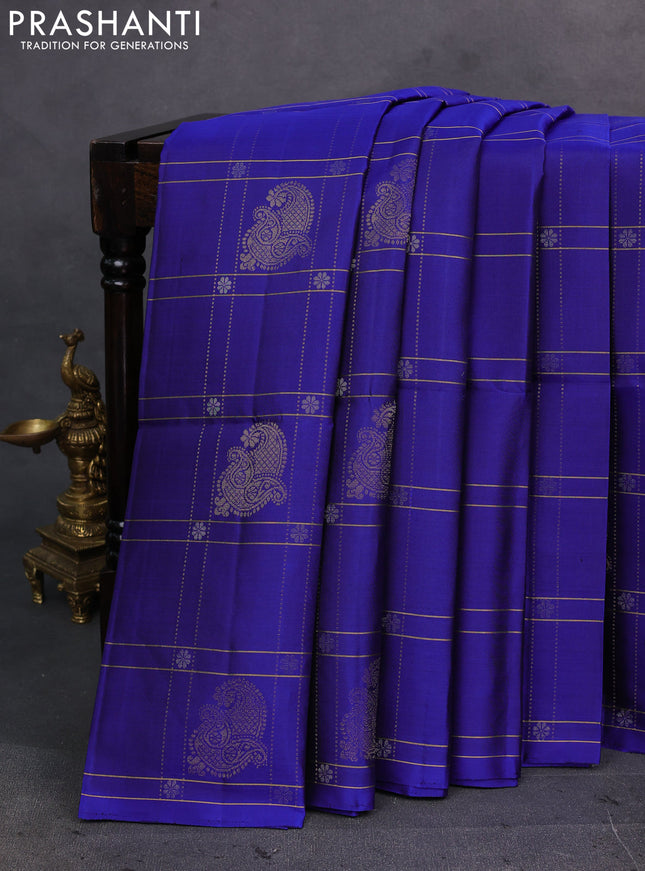 Blue Pure Soft Silk Saree - Checks & Buttas