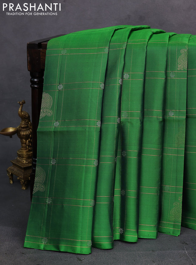 Green Pure Soft Silk Saree - Checks & Buttas