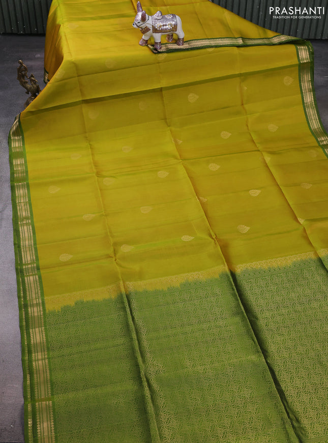 Mustard & Green Pure Soft Silk Saree - Buttas