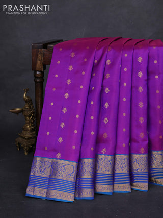 Purple & Teal Blue Pure Soft Silk Saree - Zari Buttas