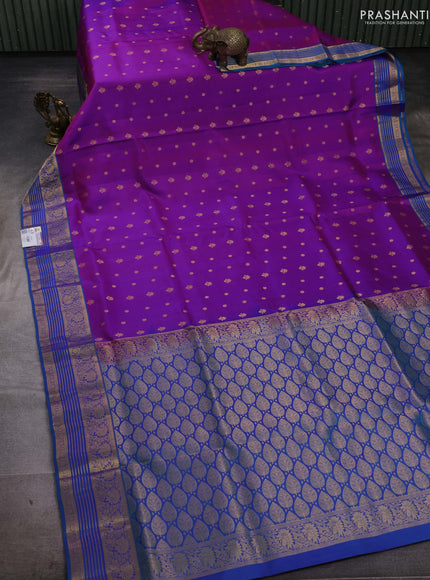 Purple & Teal Blue Pure Soft Silk Saree - Zari Buttas