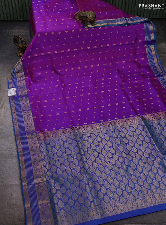Purple & Teal Blue Pure Soft Silk Saree - Zari Buttas