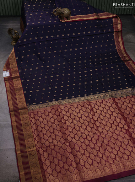 Navy Blue & Magenta Pink Pure Soft Silk Saree - Zari Buttas