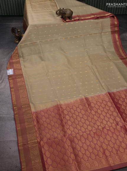 Beige & Maroon Pure Soft Silk Saree - Zari Buttas