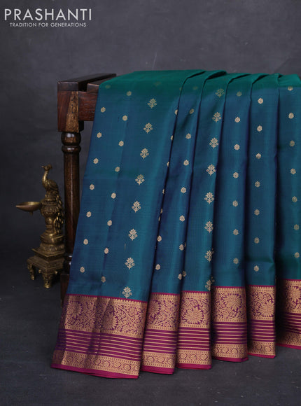 Peacock Green & Magenta Pink Pure Soft Silk Saree - Zari Buttas