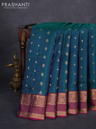 Peacock Green & Magenta Pink Pure Soft Silk Saree - Zari Buttas
