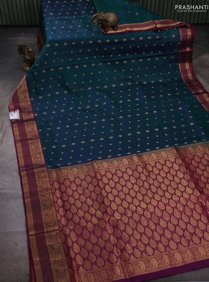 Peacock Green & Magenta Pink Pure Soft Silk Saree - Zari Buttas