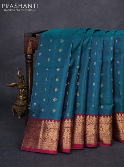 Peacock Green & Magenta Pink Pure Soft Silk Saree - Zari Buttas